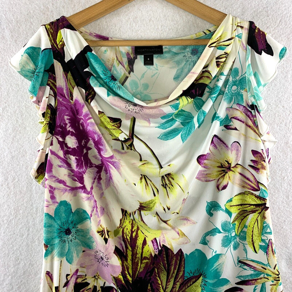 Women‎ Feminine Blouse Sz S Colorful Floral Flutter Sleeve Cowl Neck Bloomcore - Picture 2 of 11